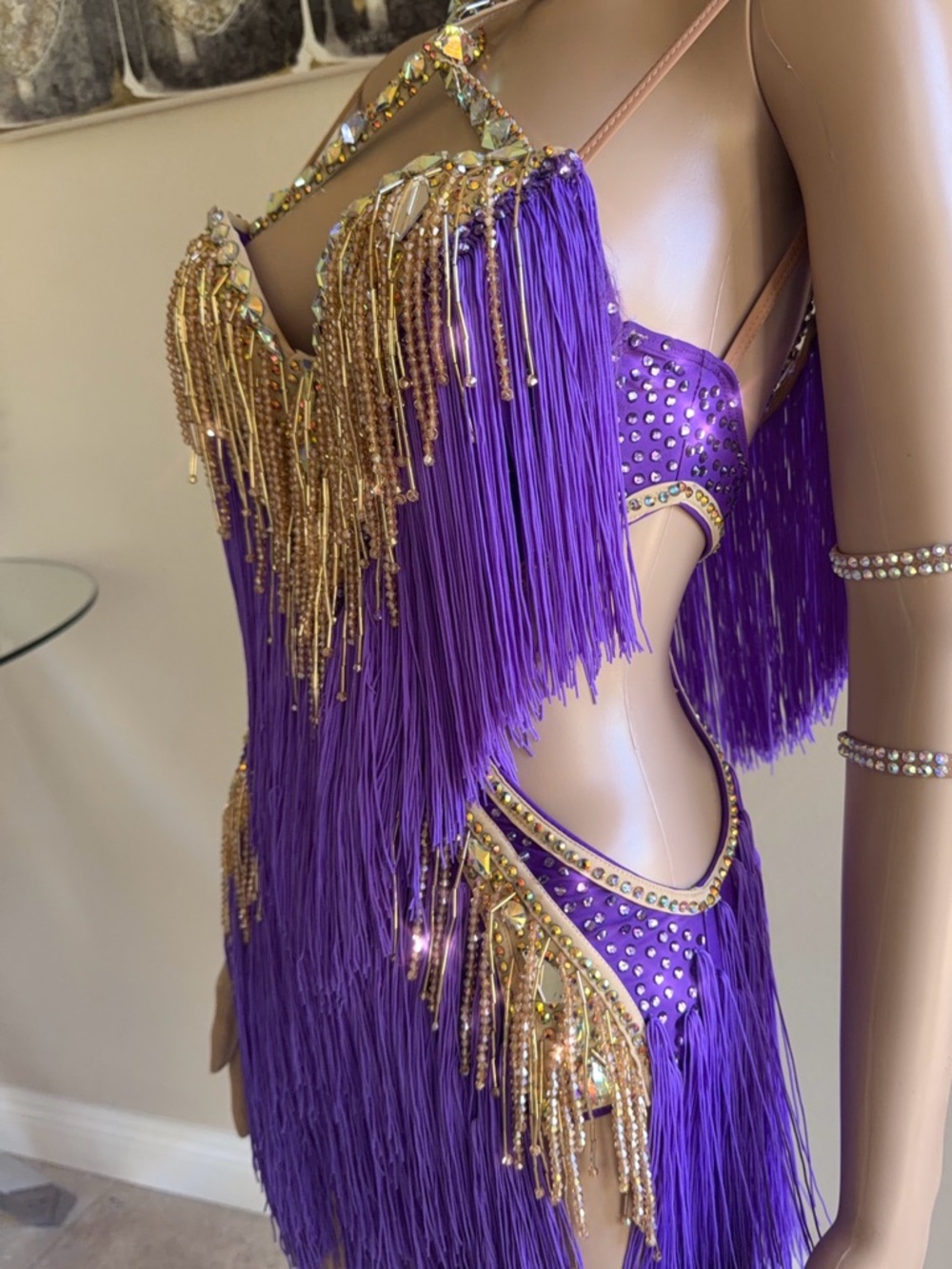 Purple Fringe & Gold Rhinestones Sequin Latin Dance Dress - Picture 7 of 10